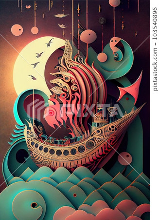 Papercut background consisting of boats, seas, sun used for summer. used for presentations in various media. Generative AI illustration 103540896