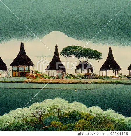 The fantasy island of the pirates. A paint with mountains, fortresses, palms. Watercolor pattern. Green background. Generative AI 103541168