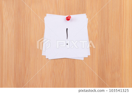 White Sticky Notes with Exclamation Point Pinned to the Wooden Message Board White Sticky Notes with Exclamation Point Pinned to the Wooden Message Board 103541325