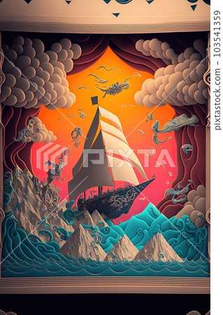 Papercut background consisting of boats, seas, sun used for summer. used for presentations in various media. Generative AI illustration 103541359
