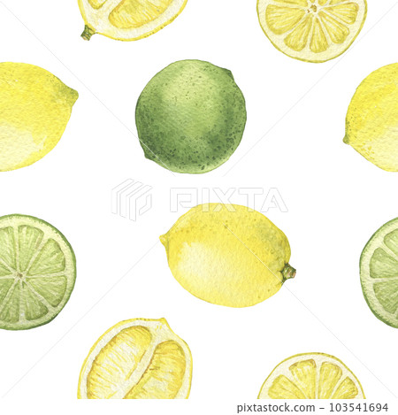 Lemon and lime watercolor illustration. Seamless pattern. Sliced lemons. 103541694