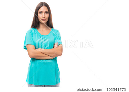 A 30 year old brunette adult woman with straight black hair wears a blue t-shirt everyday. people 103541773