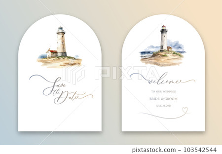 Wedding Arch Invitation with calligraphy and watercolor lighthouse at sea. Abstract art background vector design for wedding and vip cover template. 103542544