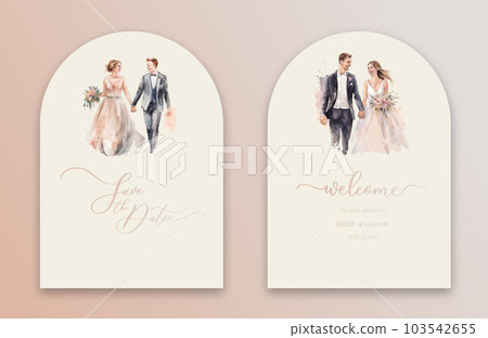 Wedding Arch Invitation with calligraphy and watercolor bride and groom. Abstract art background vector design for wedding and vip cover template. 103542655