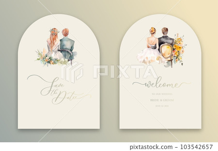 Wedding Arch Invitation with calligraphy and watercolor bride and groom. Abstract art background vector design for wedding and vip cover template. 103542657