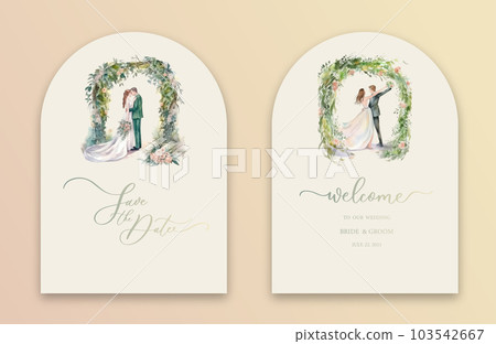 Wedding Arch Invitation with calligraphy and watercolor bride and groom. Abstract art background vector design for wedding and vip cover template. 103542667