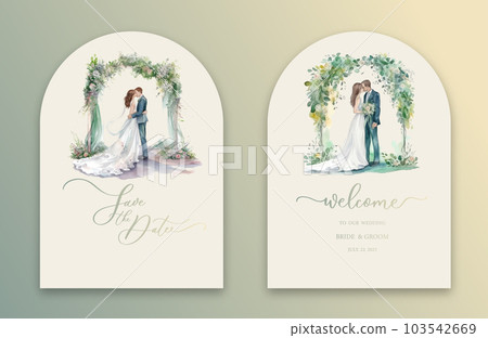 Wedding Arch Invitation with calligraphy and watercolor bride and groom. Abstract art background vector design for wedding and vip cover template. 103542669