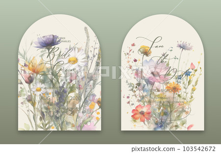Wedding Arch Invitation with calligraphy and watercolor botanical wild flowers. Abstract floral art background vector design for wedding and vip cover template. Wedding Arch Invitation with calligraphy and watercolor botanical wild flowers. Abstract floral art background vector design for wedding and vip cover template. 103542672