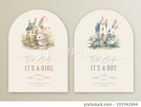 Cute baby shower watercolor invitation card for baby and kids new born celebration. Its a girl, Its a boy card with fairytale castle and bunny. 103542694