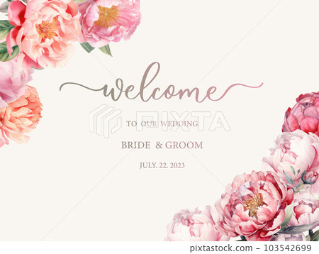 Welcome wedding sign. Calligraphy with watercolor botanical peonies. Abstract floral art background vector design for wedding invitation and vip cover template. 103542699
