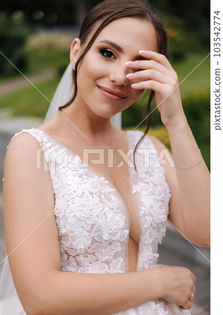 Portrait of gorgeous bride in wedding dress standing outdoors. Beautiful bride in elegant dress Portrait of gorgeous bride in wedding dress standing outdoors. Beautiful bride in elegant dress 103542774
