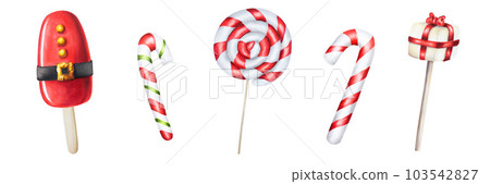 Watercolor set of christmas candy canes and ice creams illustration. New year hand painting lollipops isolated on white background. For designers, food decoration, menu, shop, for postcards, wrapping 103542827