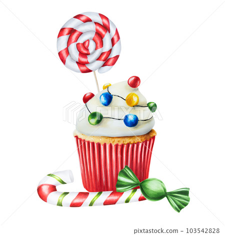 Watercolor Christmas sweet muffin with cream and candies. New year hand painting red cupcake isolated on white background. For designers, food decoration, menu, shop, for postcards, wrapping paper, Watercolor Christmas sweet muffin with cream and candies. New year hand painting red cupcake isolated on white background. For designers, food decoration, menu, shop, for postcards, wrapping paper, 103542828