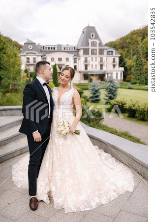 Beautiful wedding couple have fun at their wedding. Newlyweds walking outdoors 103542835