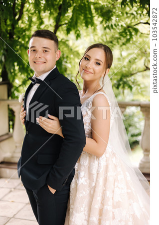 Portrait of gorgeous bride in wedding dress standing outdoors. Beautiful bride in elegant dress 103542872