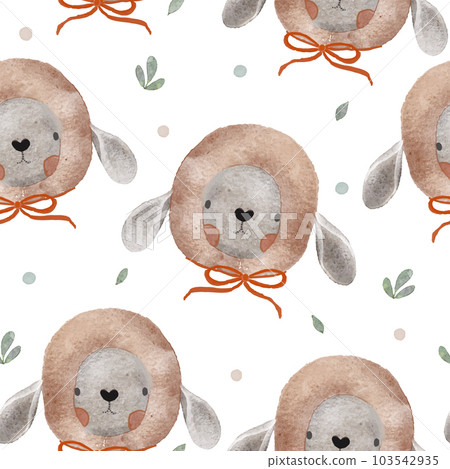 Watercolor vector Baby shower seamless pattern plush toy sheep. Toys and green leaves. 103542935