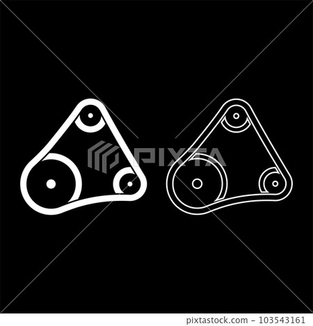 Belt transmission mechanism with three pulleys drive part automobile tension rollers engine spare auto repair wheels with rubber tape V-belt Automotive concept set icon white color vector 103543161