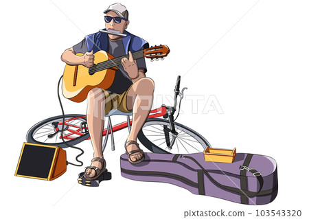 Street musician playing guitar, harmonica and tambourine isolated on white background. 103543320