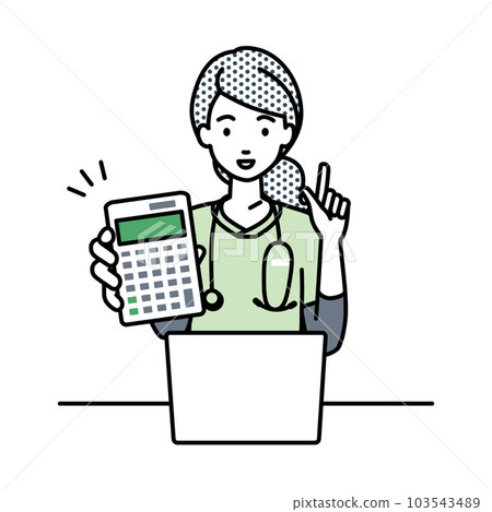一位女護士坐在她的辦公桌前，打開她的筆記本電腦，指著一個計算器並向我們展示 103543489