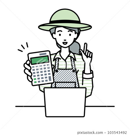 一位農婦坐在辦公桌前,打開筆記本電腦,指著一個指向你的計算器 一位農婦坐在辦公桌前,打開筆記本電腦,指著一個指向你的計算器 103543492