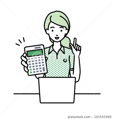A woman in a polo shirt sitting at her desk with her laptop open and pointing at a calculator pointing at you 103543499