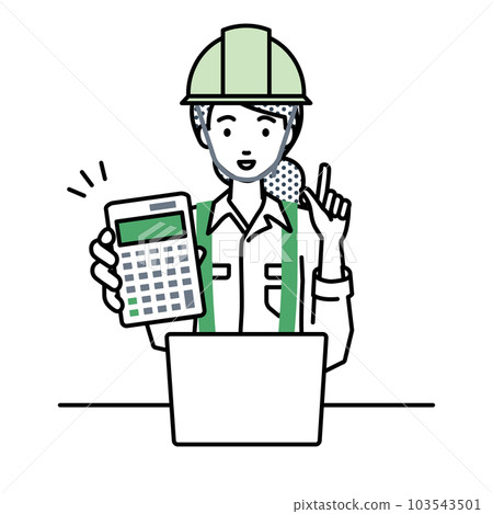 A woman at a construction site sitting at her desk, opening her laptop, pointing at a calculator, and showing it to us 103543501