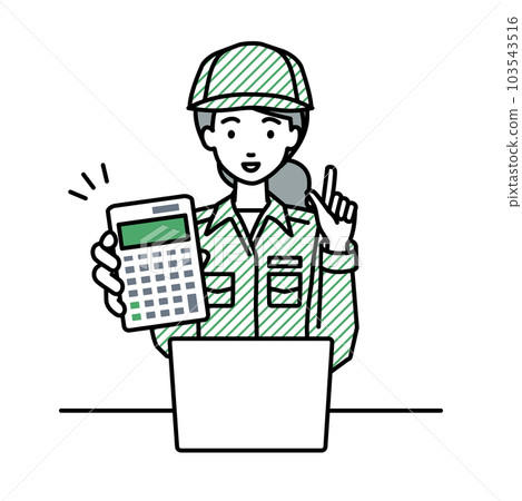 一位坐在辦公桌前的女工打開筆記本電腦,指著一個計算器給我們看 一位坐在辦公桌前的女工打開筆記本電腦,指著一個計算器給我們看 103543516