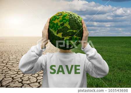 Woman holds a green planet Earth in place of the head. Text SAVE on a sweater. 103543698