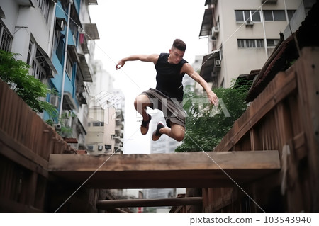 Young Parkour and Freerunning athlet trianing in an urban enviroment with a cloudy sky in the background, neural network generated art Young Parkour and Freerunning athlet trianing in an urban enviroment with a cloudy sky in the background, neural network generated art 103543940