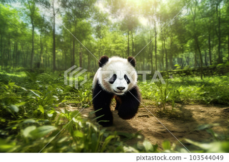 Baby giant panda running in bamboo forest Baby giant panda running in bamboo forest 103544049