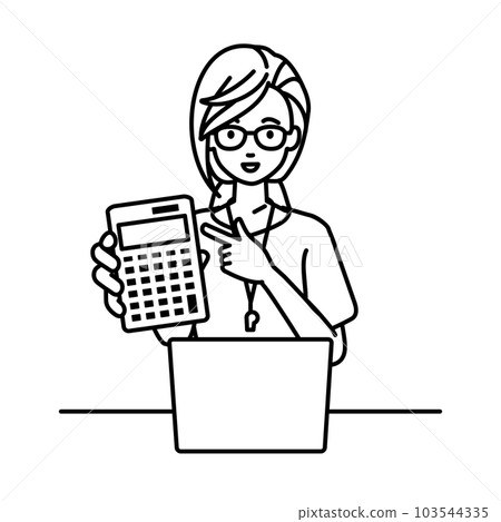 A female teacher sitting at her desk with her laptop open and pointing at a calculator pointing at you A female teacher sitting at her desk with her laptop open and pointing at a calculator pointing at you 103544335