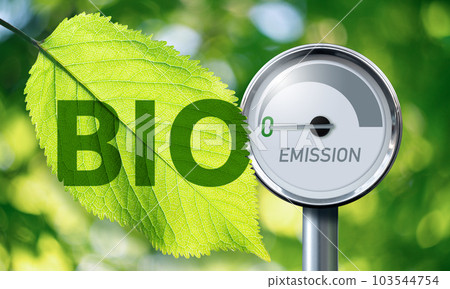 Text BIO on a leaf and Gauge with inscription EMISSION. Arrow points to zero. Text BIO on a leaf and Gauge with inscription EMISSION. Arrow points to zero. 103544754