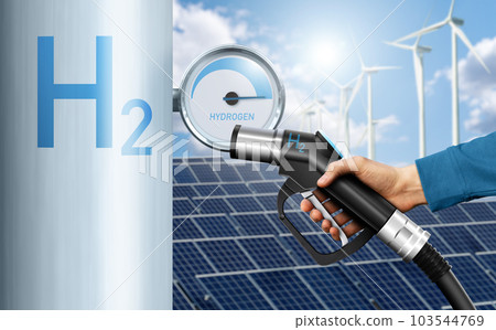 Hand with H2 nozzle on a background of renewable energy sources 103544769
