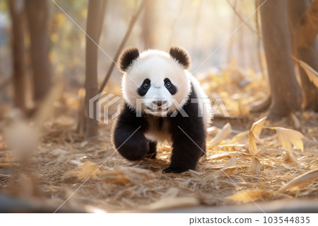 A giant panda cub walking in a bamboo forest, an image of autumn, an image of environmental destruction A giant panda cub walking in a bamboo forest, an image of autumn, an image of environmental destruction 103544835