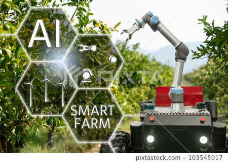 Autonomous robot harvester with robotic arm harvesting fruits on a smart farm. 103545017