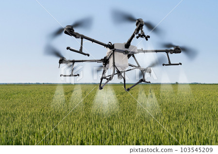 Drone sprayer flies over the agricultural field. Drone sprayer flies over the agricultural field. 103545209