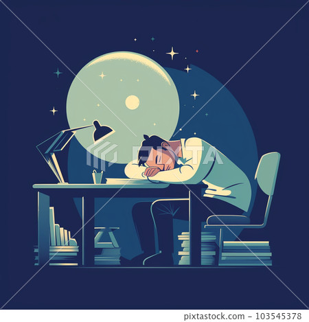 工作累了，上班族睡在辦公桌前 AI 圖像 103545378