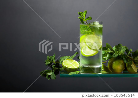 Mojito with ice, lime, and mint. Mojito with ice, lime, and mint. 103545514
