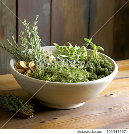 Provence herbs in a bowl on a rustic table. Natural spices. AI generated. 103545567