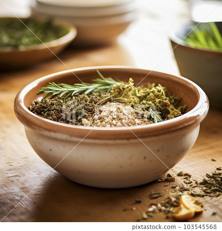A mixture of spices and a sprig of rosemary in a rustic clay bowl. AI generated 103545568