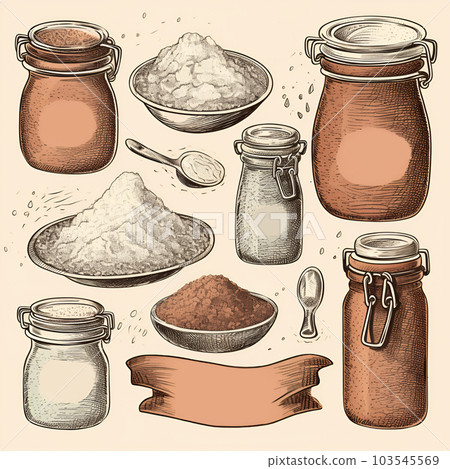 Salt on a light background in jars and bowls vintage sketch, hand drawn style. AI generated 103545569
