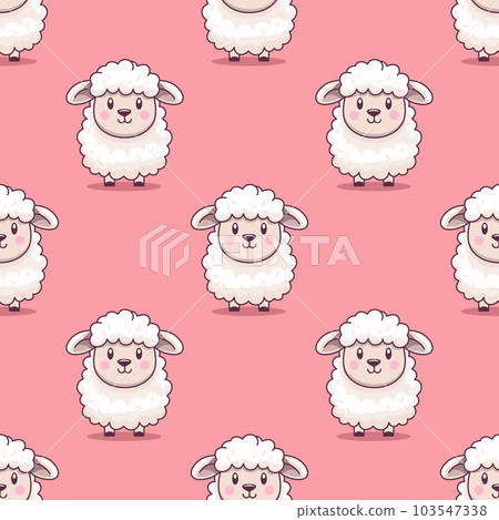 Vector Seamless Pattern with Funny Cute Sheep on Pink Background. Cartoon Sheep Seamless Texture, Textile, Wallpaper Design for Kids. Seamless Texture with Standing Sheep on Pink 103547338
