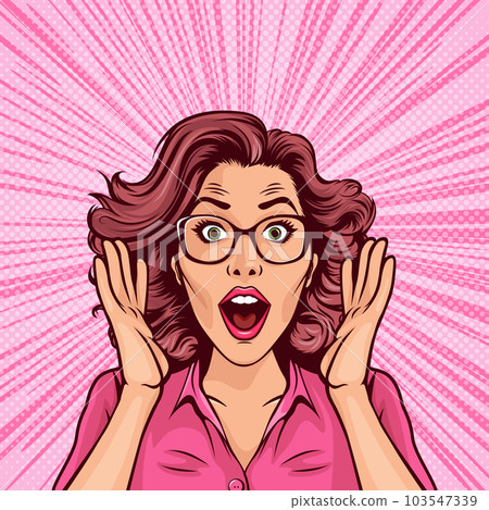 Vector Banner with Woman, Wow Face, Holding Hands, Arms, Palms Near Her Cheeks in Pop Art Comic Style. Pink Color. Advertising Poster for Sale, Discount Placard, Flyer Card. Beautiful Surprised Woman 103547339