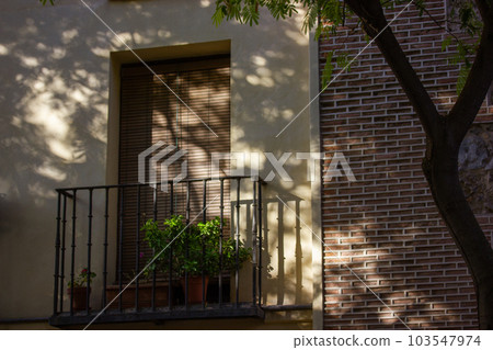Facade of an old residential building, stone brick house with a cozy balcony and natural shadows in a morning light. European street architecture A house front view. Home garden with decorative plants Facade of an old residential building, stone brick house with a cozy balcony and natural shadows in a morning light. European street architecture A house front view. Home garden with decorative plants 103547974