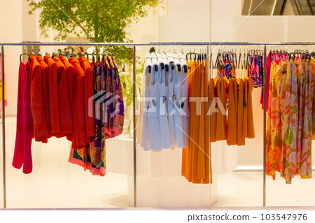 Women's clothing store. Multicolor red, orange blouses hang on hangers in store window. Beauty, fashion business concept. Female clothes shirt, sweater, sundress, dresses. Apparel rack. Shopping sales 103547976