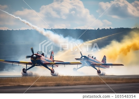 The airplane lands on the runway, generative AI. 103548354