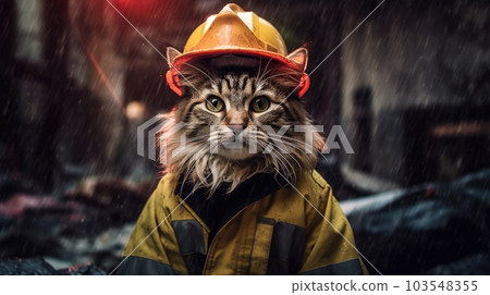 A cat in a firefighter's costume, a saviour, a fighter, a serious AI generated. 103548355