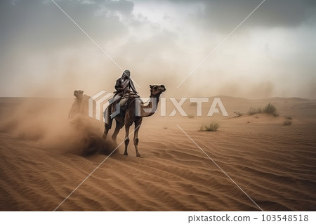 A tourist rides a camel during a sandstorm in the desert, generative AI. 103548518