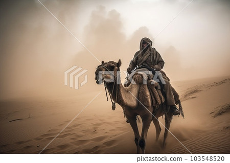 A tourist rides a camel during a sandstorm in the desert, generative AI. 103548520