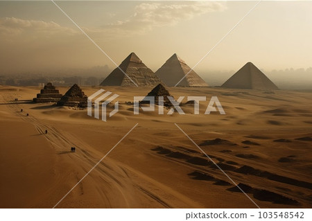 One of the Seven Wonders of the World is the Pyramid of Cheops pyramids in the desert, generative AI. 103548542